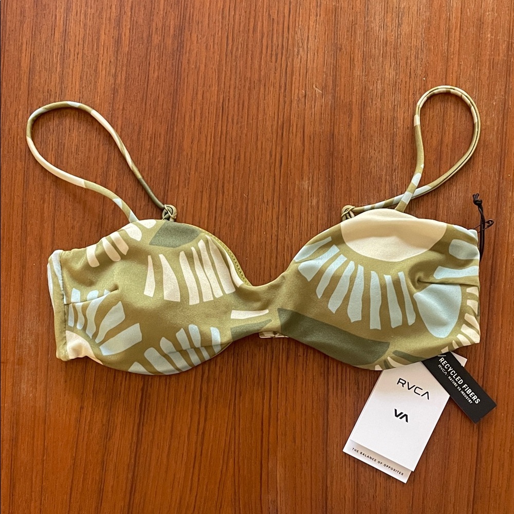 RVCA Olive and Cream Abstract Bandeau Bikini Top